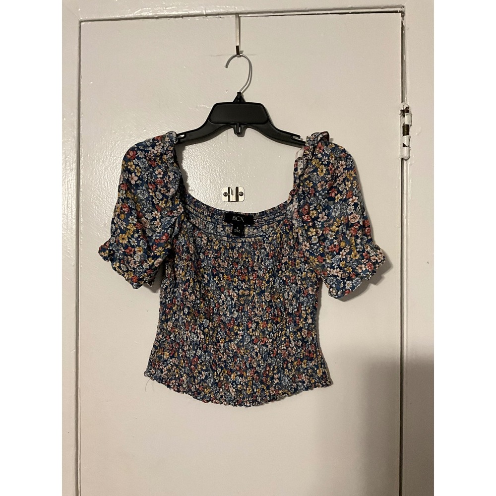 BCX‎ Womens Smocked Floral Puff Sleeve Top Blue Pink Square Neck Size S 1065M0F